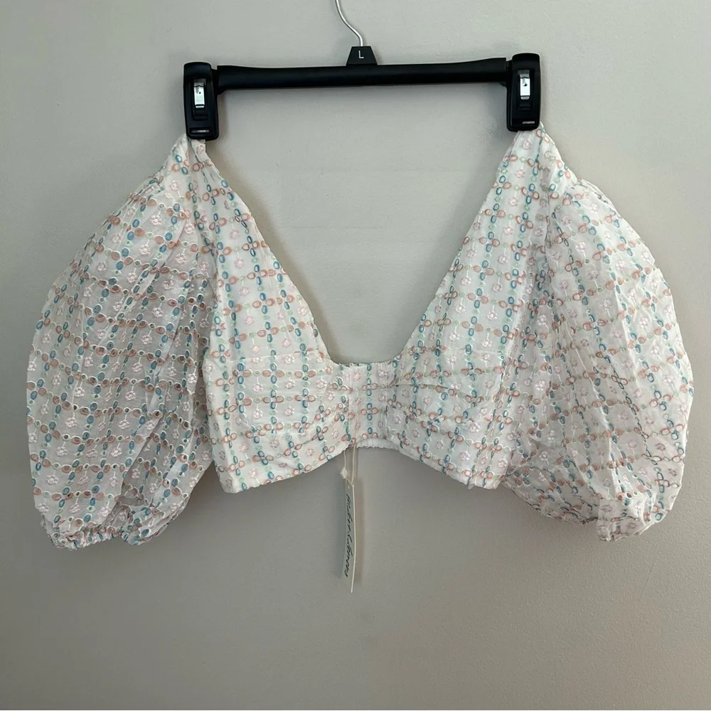 For Love And Lemons White Eyelet Crop Top with Pastel Blue Print - Picture 14 of 14